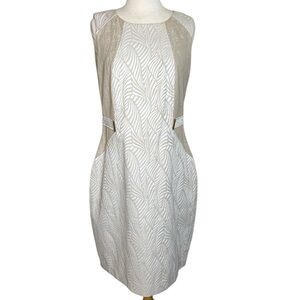 Calvin Klein Beige and White Sheath Midi Dress Sleeveless Crew Neck